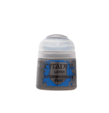 Small Citadel paint pot shown upright against a plain background, with a pale gray flip-top lid and a gray-brown body. Its blue-and-gray label reads “CITADEL,” “LAYER,” and “STORMVERMIN FUR.”