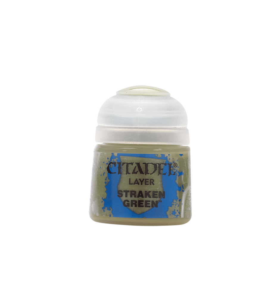 A small paint pot stands upright against a dark green background, with a white ridged cap and a muted green-gray body. Its blue-and-green label reads “CITADEL,” “LAYER,” and “STRAKEN GREEN.”