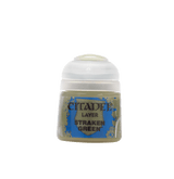 A small paint pot stands upright against a dark green background, with a white ridged cap and a muted green-gray body. Its blue-and-green label reads “CITADEL,” “LAYER,” and “STRAKEN GREEN.”