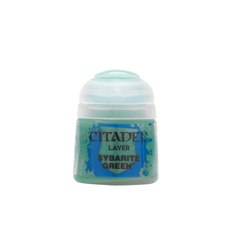 A small pot of pale green hobby paint with a white flip-top lid, shown upright against a plain background. Its blue-and-green label reads “CITADEL,” “LAYER,” and “SYBARITE GREEN.”