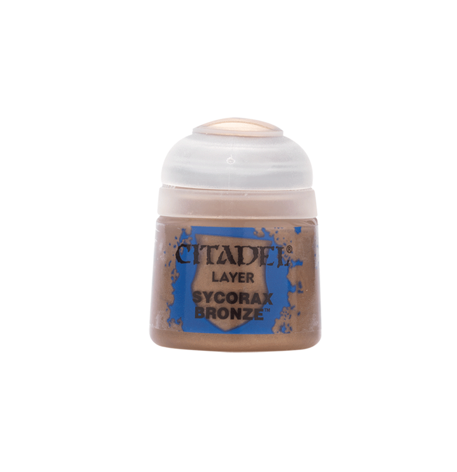 A small squat paint pot with bronze-colored paint, a white ridged cap, and a blue-and-tan label reading “CITADEL,” “LAYER,” and “SYCORAX BRONZE,” shown upright against a dark green background.