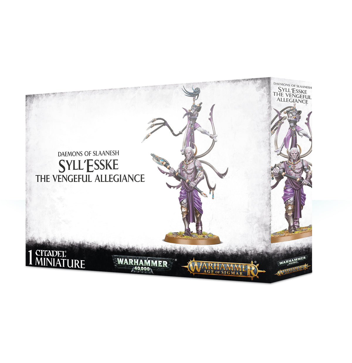 White Games Workshop box for a Syll’Esske miniature, shown from the front and right side. The artwork depicts two intertwined purple, pale-skinned daemonic figures on a round base; the front reads “SYLL’ESSKE THE VENGEFUL ALLEGIANCE” and “WARHAMMER 40,000.”