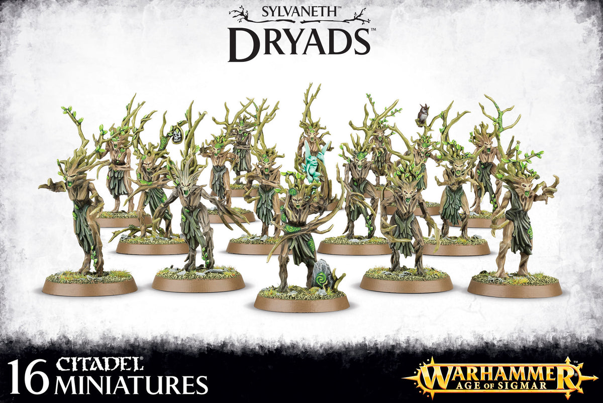 Artwork showing a group of bark-and-branch Dryad miniatures with leafy green details on round bases, arranged in rows. Text reads “SYLVANETH DRYADS,” “16 CITADEL MINIATURES,” and “WARHAMMER AGE OF SIGMAR.”