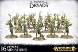 Artwork showing a group of bark-and-branch Dryad miniatures with leafy green details on round bases, arranged in rows. Text reads “SYLVANETH DRYADS,” “16 CITADEL MINIATURES,” and “WARHAMMER AGE OF SIGMAR.”