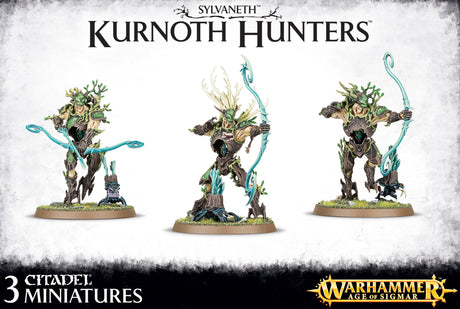 Three painted Kurnoth Hunter miniatures stand on round bases, each posed with a turquoise-blue bow; their bark-like armor and leafy details are brown, green, and gold. Text reads “SYLVANETH,” “KURNOTH HUNTERS,” and “3 CITADEL MINIATURES.”