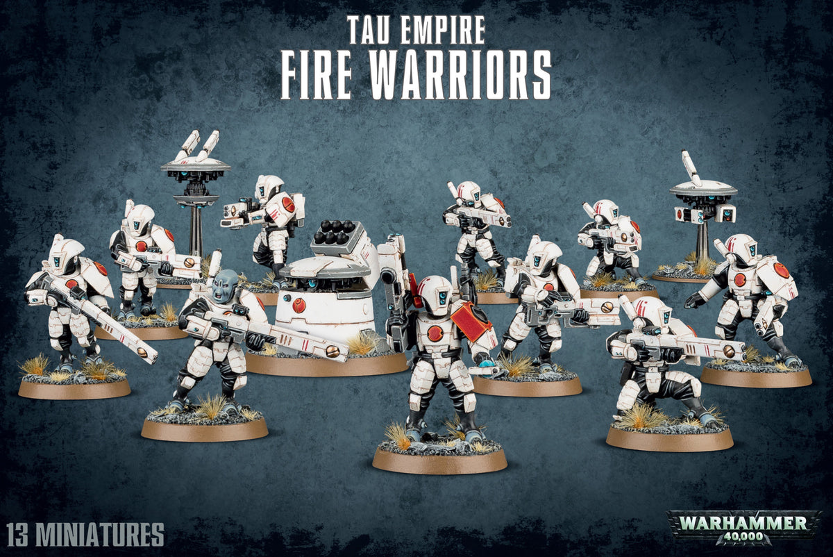 A squad of white-armored T’au Fire Warriors with red accents and rifles stands on round bases among a support turret and hovering drones against a dark blue textured background. The text reads “TAU EMPIRE FIRE WARRIORS” and “13 MINIATURES.”