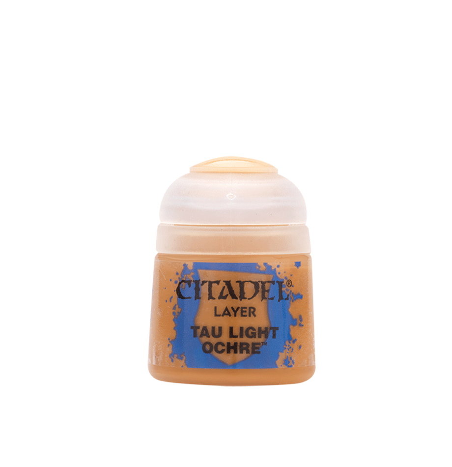 A small ochre-colored paint pot with a rounded white flip-top cap, shown upright against a plain background. Its blue-and-brown label reads “CITADEL,” “LAYER,” and “TAU LIGHT OCHRE.”
