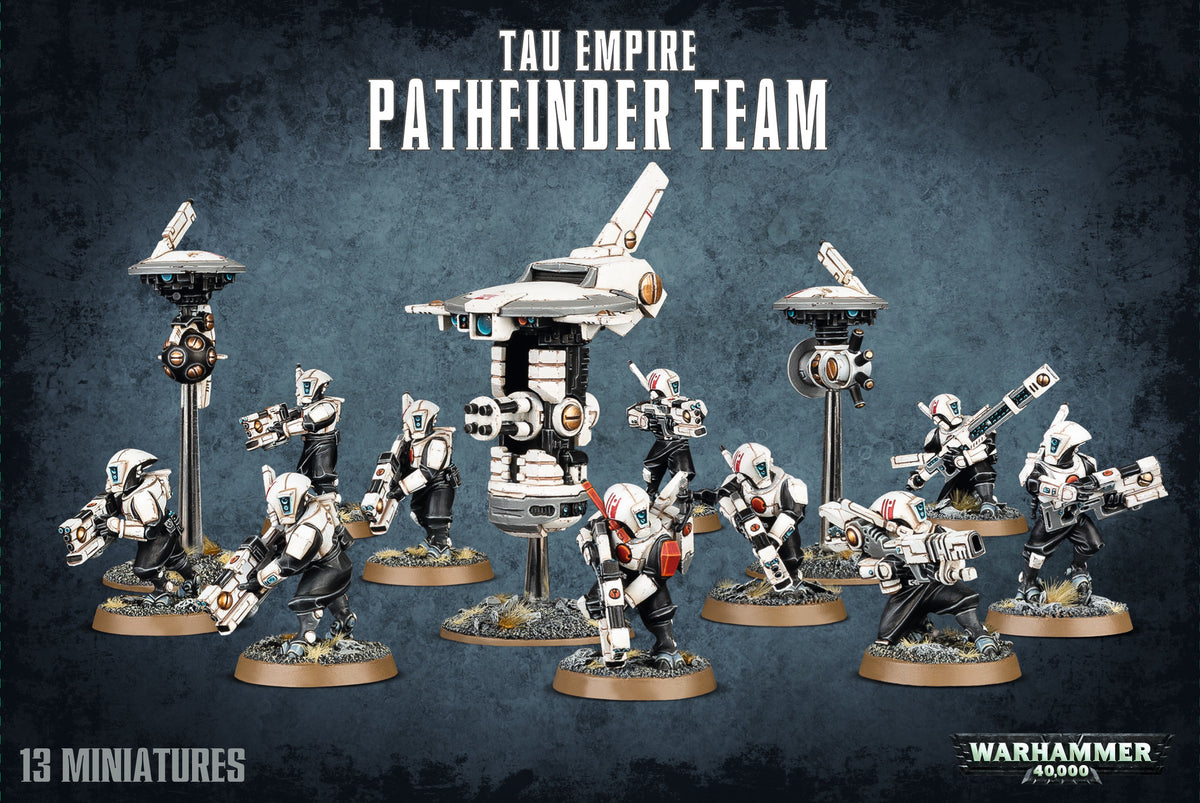 Promotional image of the Tau Empire Pathfinder Team, showing multiple white-and-black sci-fi soldier miniatures with red accents on round bases, alongside hovering drones, against a dark blue background. Text reads “TAU EMPIRE PATHFINDER TEAM” and “13 MINIATURES,” with a Warhammer 40,000 logo.
