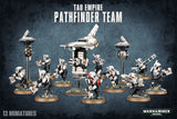 Promotional image of the Tau Empire Pathfinder Team, showing multiple white-and-black sci-fi soldier miniatures with red accents on round bases, alongside hovering drones, against a dark blue background. Text reads “TAU EMPIRE PATHFINDER TEAM” and “13 MINIATURES,” with a Warhammer 40,000 logo.