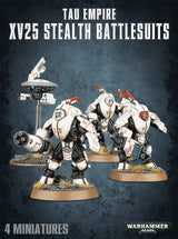 Four Tau Empire miniatures: three white armored XV25 battlesuits with black joints and orange-red accents, plus a hovering drone on a stand, displayed on round scenic bases. The poster reads “TAU EMPIRE” and “XV25 STEALTH BATTLESUITS.”