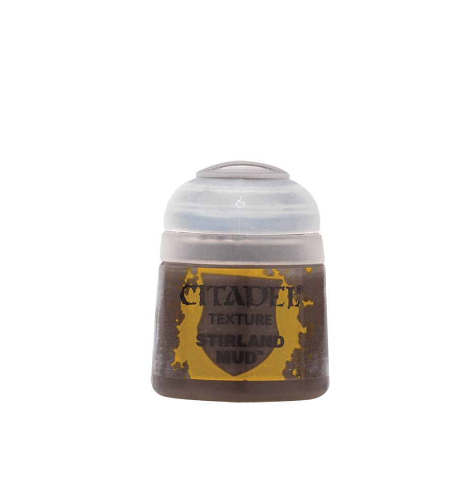 A small squat paint pot with a translucent white domed cap and a brown-and-yellow label. The label reads “CITADEL,” “TEXTURE,” and “STIRLAND MUD.”