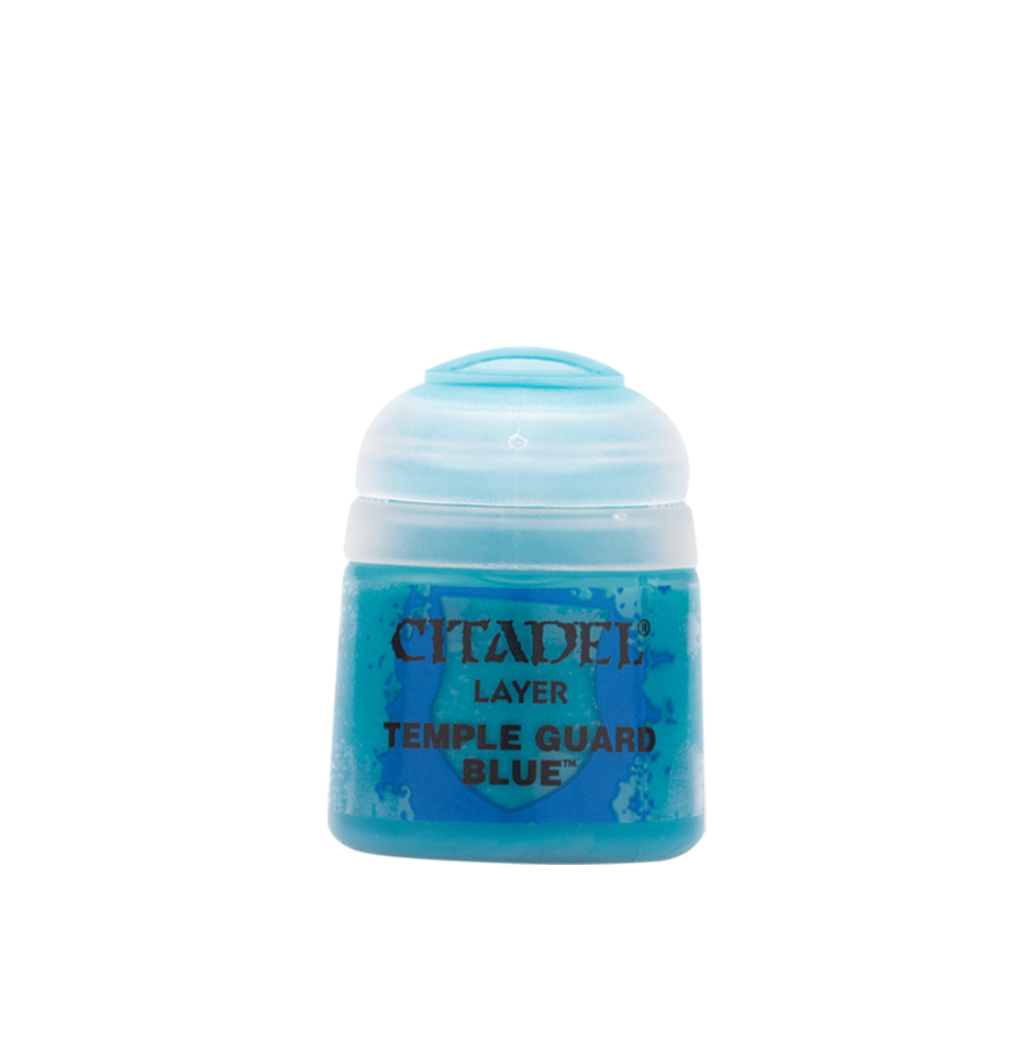 A small turquoise-blue paint pot with a wide white flip-top lid, shown upright against a plain background. Its front label reads “CITADEL,” “LAYER,” and “TEMPLE GUARD BLUE.”