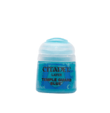 A small turquoise-blue paint pot with a wide white flip-top lid, shown upright against a plain background. Its front label reads “CITADEL,” “LAYER,” and “TEMPLE GUARD BLUE.”