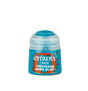 A small turquoise Citadel paint pot with a translucent pale blue cap, shown upright against a plain background. Its orange-and-blue label reads “CITADEL,” “BASE,” and “THOUSAND SONS BLUE.”