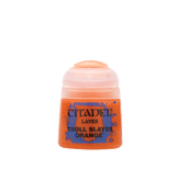 Small orange paint pot with a pale peach flip-top cap, shown upright against a plain dark green background. Its blue-and-orange label reads “CITADEL,” “LAYER,” and “TROLL SLAYER ORANGE.”