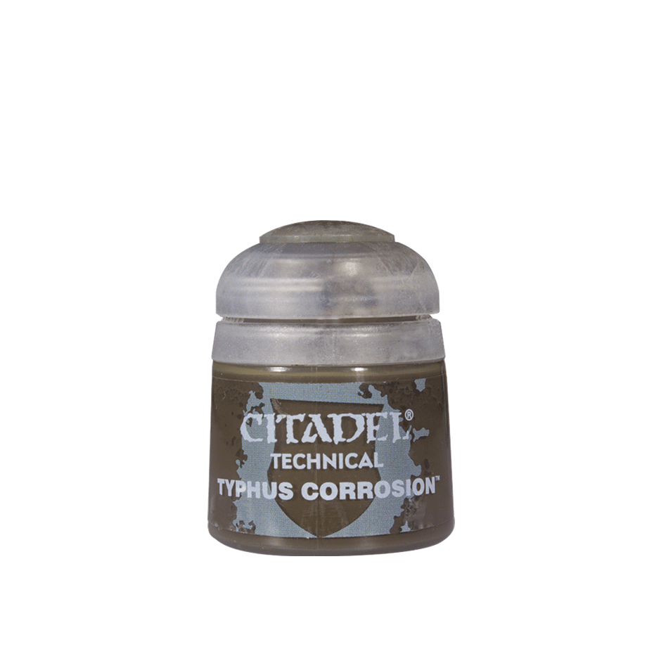 A small squat paint pot with a translucent gray domed cap and a dark brown label featuring mottled blue-gray patches. The label reads “CITADEL,” “TECHNICAL,” and “TYPHUS CORROSION.”