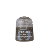 A small squat paint pot with a translucent gray domed cap and a dark brown label featuring mottled blue-gray patches. The label reads “CITADEL,” “TECHNICAL,” and “TYPHUS CORROSION.”