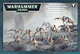 Front of the Tyranid Hormagaunt Brood box, showing a swarm of pale bone-colored, purple-headed alien creatures with long reddish scythe claws charging across grey rocky ground. The package reads “WARHAMMER 40,000” and “TYRANID HORMAGAUNT BROOD.”