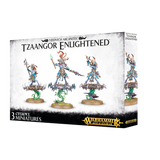 Box front and right side show three blue-and-white birdlike warriors with ornate armor and spears, riding spiked floating discs above green magical effects. The box reads “TZAANGOR ENLIGHTENED” and “3 CITADEL MINIATURES,” with Warhammer Age of Sigmar logos.