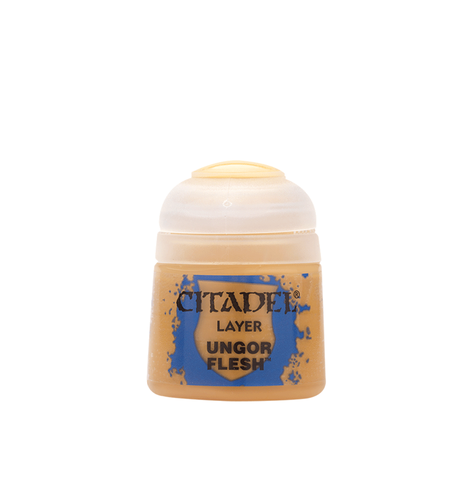 Small pot of tan Ungor Flesh hobby paint with a white screw cap and blue-and-tan label. The label reads “CITADEL,” “LAYER,” and “UNGOR FLESH.”