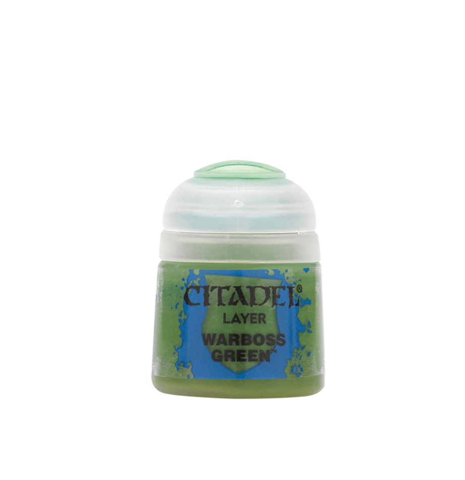 A small green paint pot with a white flip-top lid, shown upright against a plain background. Its blue-and-green label reads “CITADEL,” “LAYER,” and “WARBOSS GREEN.”