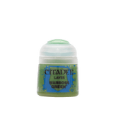 A small green paint pot with a white flip-top lid, shown upright against a plain background. Its blue-and-green label reads “CITADEL,” “LAYER,” and “WARBOSS GREEN.”
