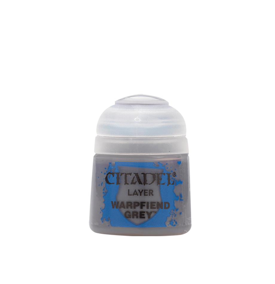A small grey Citadel paint pot with a white flip-top lid and blue label. The label reads “CITADEL,” “LAYER,” and “WARPFIEND GREY.”