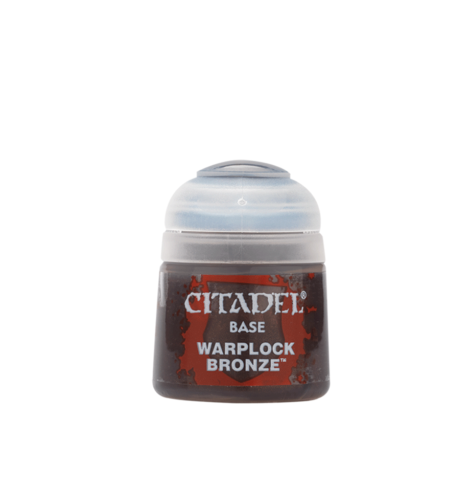 A small Citadel paint pot with a pale gray flip-top lid and a dark brown label with red accents. The label reads “CITADEL,” “BASE,” and “WARPLOCK BRONZE.”