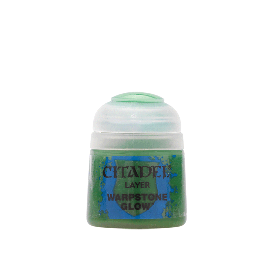 Small pot of green Citadel miniature paint with a white rounded flip-top lid and a blue-and-green label. The label reads “CITADEL,” “LAYER,” and “WARPSTONE GLOW.”
