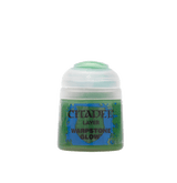 Small pot of green Citadel miniature paint with a white rounded flip-top lid and a blue-and-green label. The label reads “CITADEL,” “LAYER,” and “WARPSTONE GLOW.”