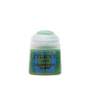 Small pot of green Citadel miniature paint with a white rounded flip-top lid and a blue-and-green label. The label reads “CITADEL,” “LAYER,” and “WARPSTONE GLOW.”