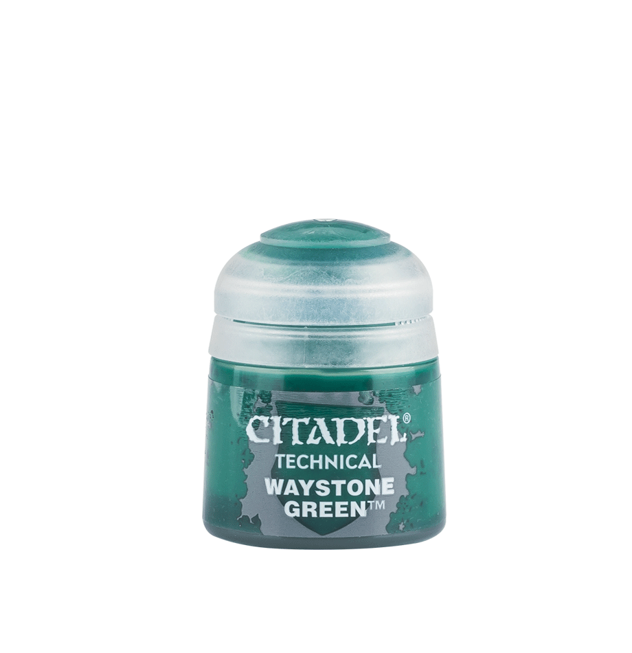 A small green Citadel technical paint pot stands upright, with a rounded pale gray cap and a green label reading “CITADEL,” “TECHNICAL,” and “WAYSTONE GREEN.”
