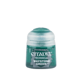 A small green Citadel technical paint pot stands upright, with a rounded pale gray cap and a green label reading “CITADEL,” “TECHNICAL,” and “WAYSTONE GREEN.”