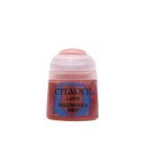 Small red paint pot shown upright against a plain white background, with a pale pink translucent flip-top cap and a blue-and-red front label reading “CITADEL,” “LAYER,” and “WAZDAKKA RED.”