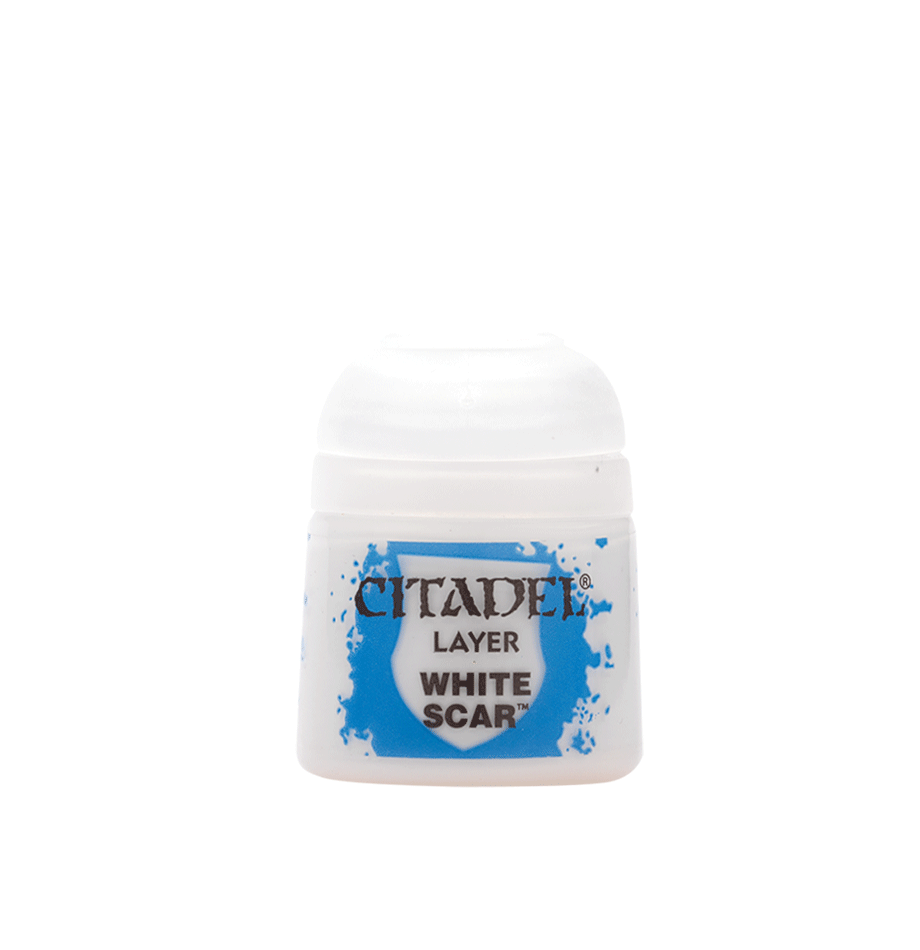 A small white Citadel paint pot with a rounded cap and bright blue splatter graphic on the label. The label reads “CITADEL,” “LAYER,” and “WHITE SCAR.”