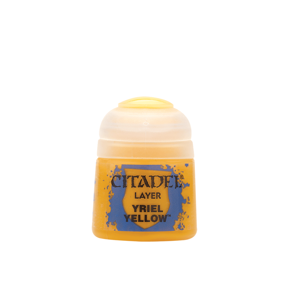 A small yellow-orange Citadel paint pot is shown upright from the front, with a translucent cream-colored cap and a blue-and-yellow label reading “CITADEL,” “LAYER,” and “YRIEL YELLOW.”