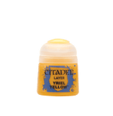 A small yellow-orange Citadel paint pot is shown upright from the front, with a translucent cream-colored cap and a blue-and-yellow label reading “CITADEL,” “LAYER,” and “YRIEL YELLOW.”