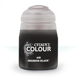A squat black paint pot with a wide pale gray cap, shown upright from the front against a white background. Its label has a gray splatter graphic and the white text “CITADEL,” “COLOUR,” “AIR” and “ABADDON BLACK.”