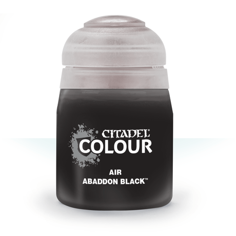A squat black paint pot with a wide pale gray cap, shown upright from the front against a white background. Its label has a gray splatter graphic and the white text “CITADEL,” “COLOUR,” “AIR” and “ABADDON BLACK.”