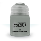 A single squat, grey paint bottle with a rounded cap is shown upright against a white background. Its front label reads “CITADEL COLOUR,” “AIR,” and “ADMINISTRATUM GREY.”