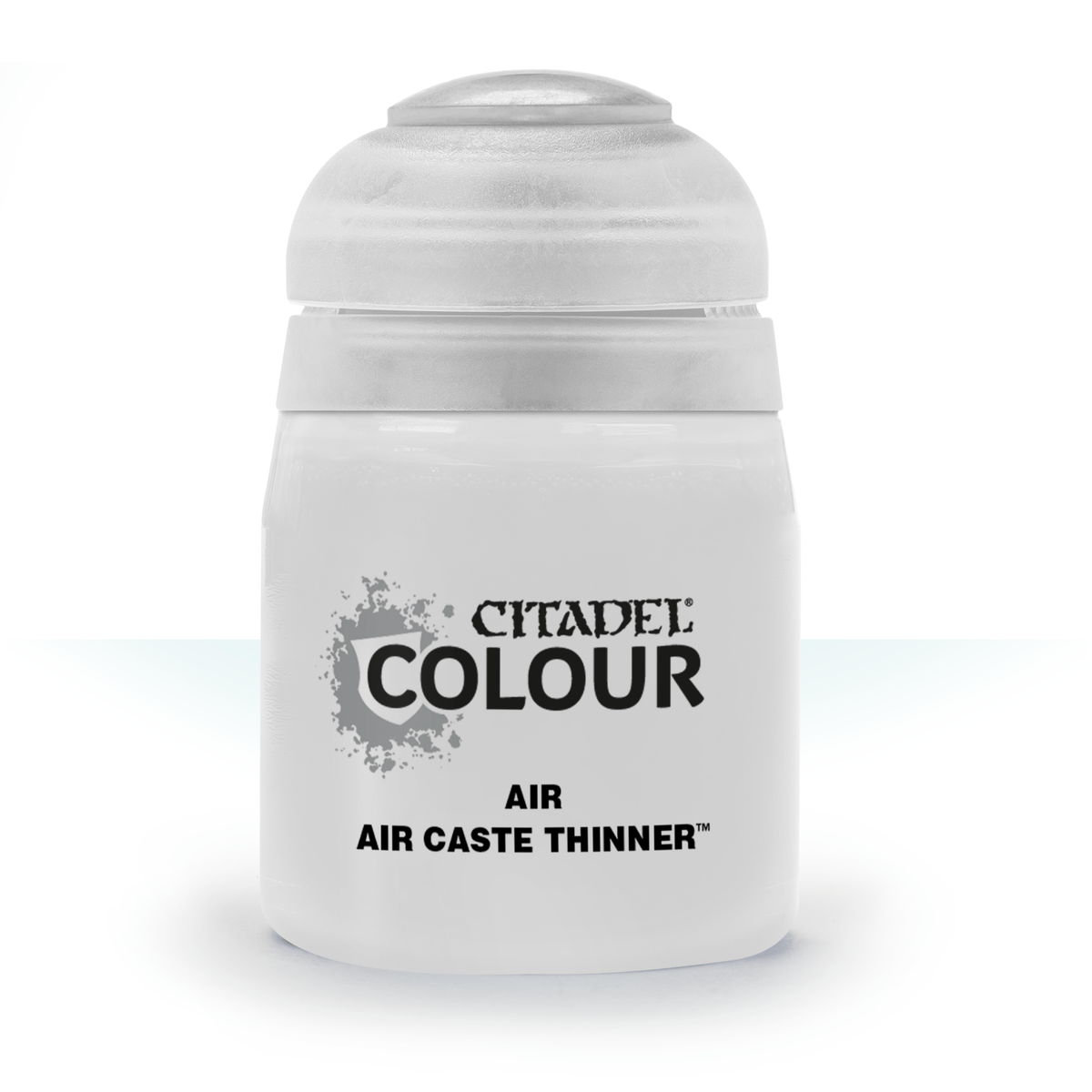 A single white plastic bottle with a rounded screw cap, shown upright against a plain white background. Its black label reads “CITADEL COLOUR,” “AIR,” and “AIR CASTE THINNER.”