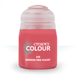 A squat red paint bottle with a pale translucent cap stands upright against a white background. Its label reads “CITADEL COLOUR,” “AIR,” and “ANGRON RED CLEAR.”
