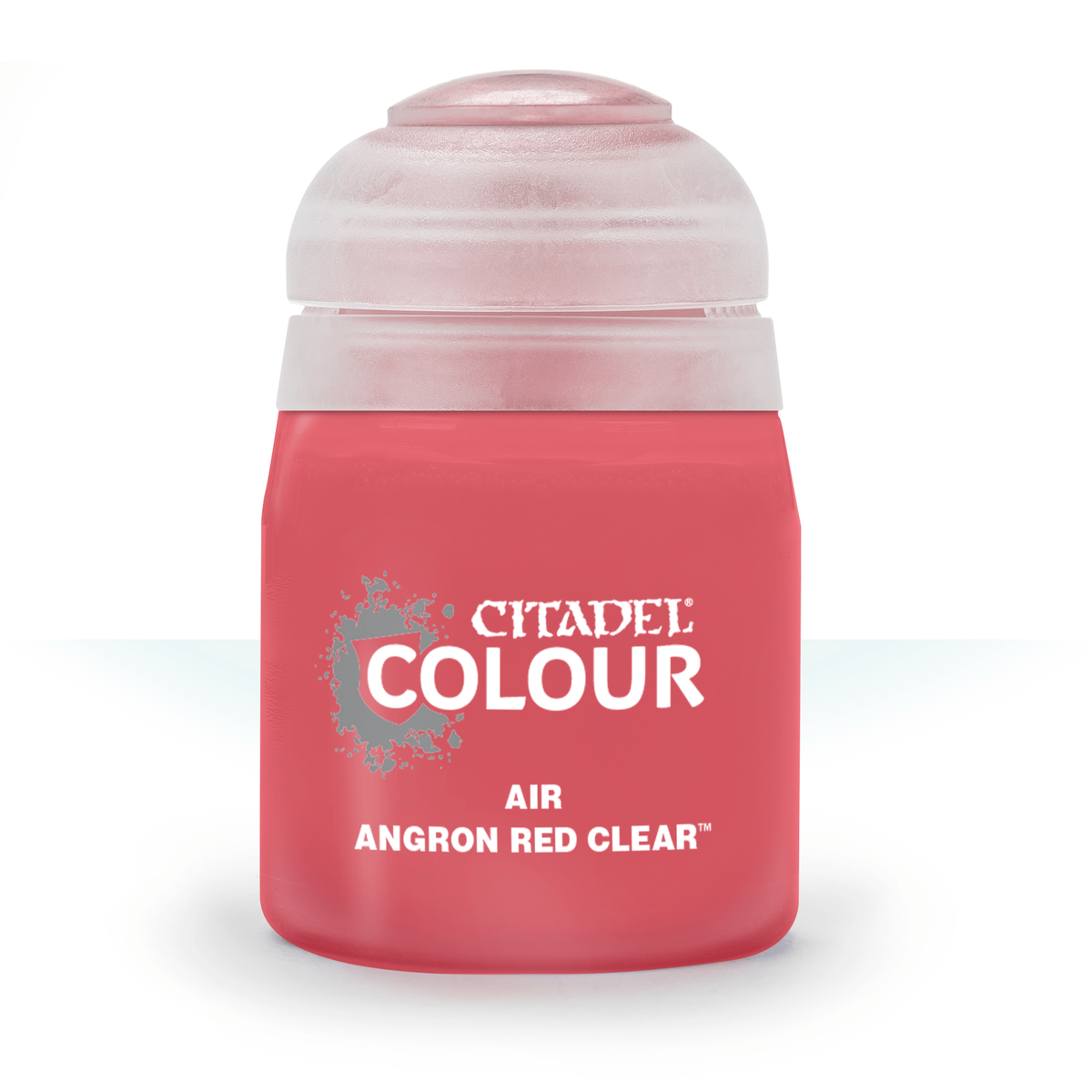 A squat red paint bottle with a pale translucent cap stands upright against a white background. Its label reads “CITADEL COLOUR,” “AIR,” and “ANGRON RED CLEAR.”