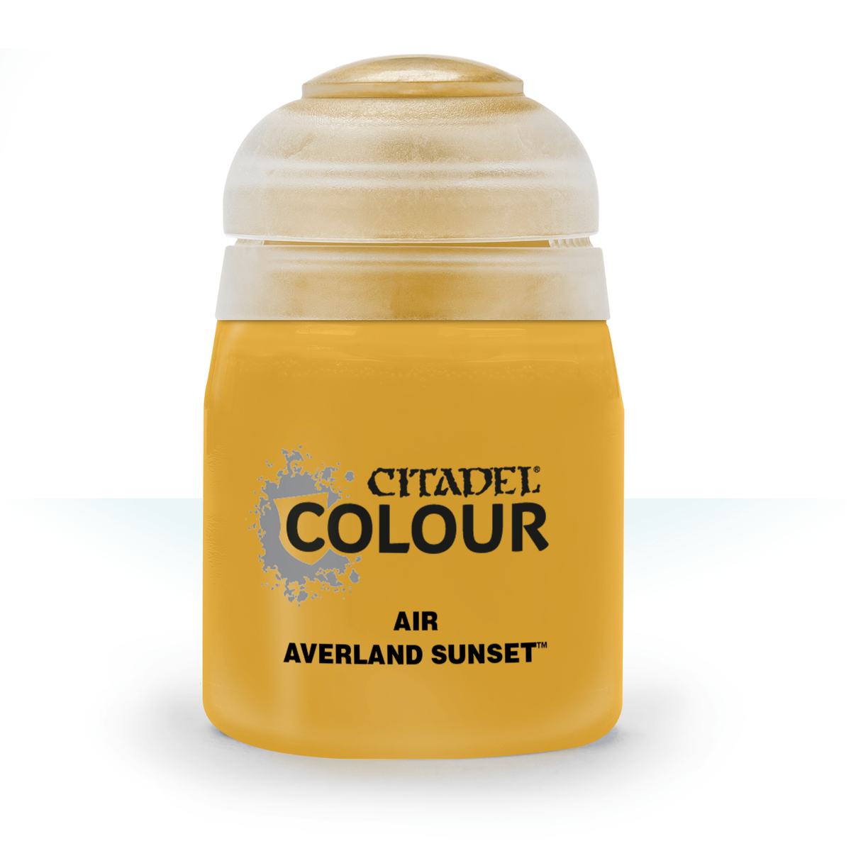 A squat golden-yellow paint bottle stands upright against a white background, with a large translucent off-white cap. The front label reads “CITADEL COLOUR,” “AIR,” and “AVERLAND SUNSET.”