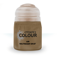 A squat paint bottle with a translucent white cap and bronze-gold paint visible in the container. Its front label reads “CITADEL COLOUR,” “AIR,” and “BALTHASAR GOLD.”