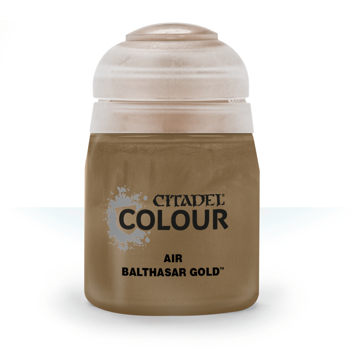 A squat paint bottle with a translucent white cap and bronze-gold paint visible in the container. Its front label reads “CITADEL COLOUR,” “AIR,” and “BALTHASAR GOLD.”