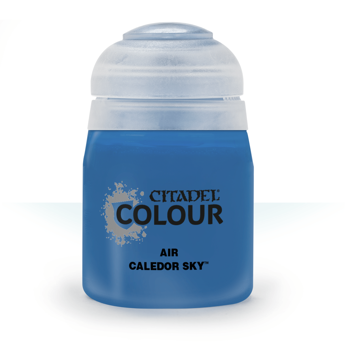 A small blue paint bottle with a rounded white cap stands upright against a white background. Its front label reads “CITADEL COLOUR,” “AIR,” and “CALEDOR SKY.”