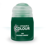 A dark green Citadel paint bottle with a pale translucent cap is shown upright against a white background. Its label reads “CITADEL COLOUR,” “AIR,” and “CALIBAN GREEN.”