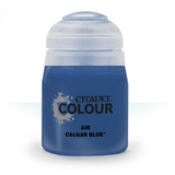 A squat blue Citadel paint bottle stands upright against a white background, with a large translucent pale cap. The front label reads “CITADEL COLOUR” and “AIR CALGAR BLUE.”