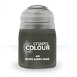 A squat, dark olive-gray Citadel paint bottle with a pale gray ridged cap, shown upright against a white background. Its label reads “CITADEL COLOUR,” “AIR,” and “DEATH KORPS DRAB.”